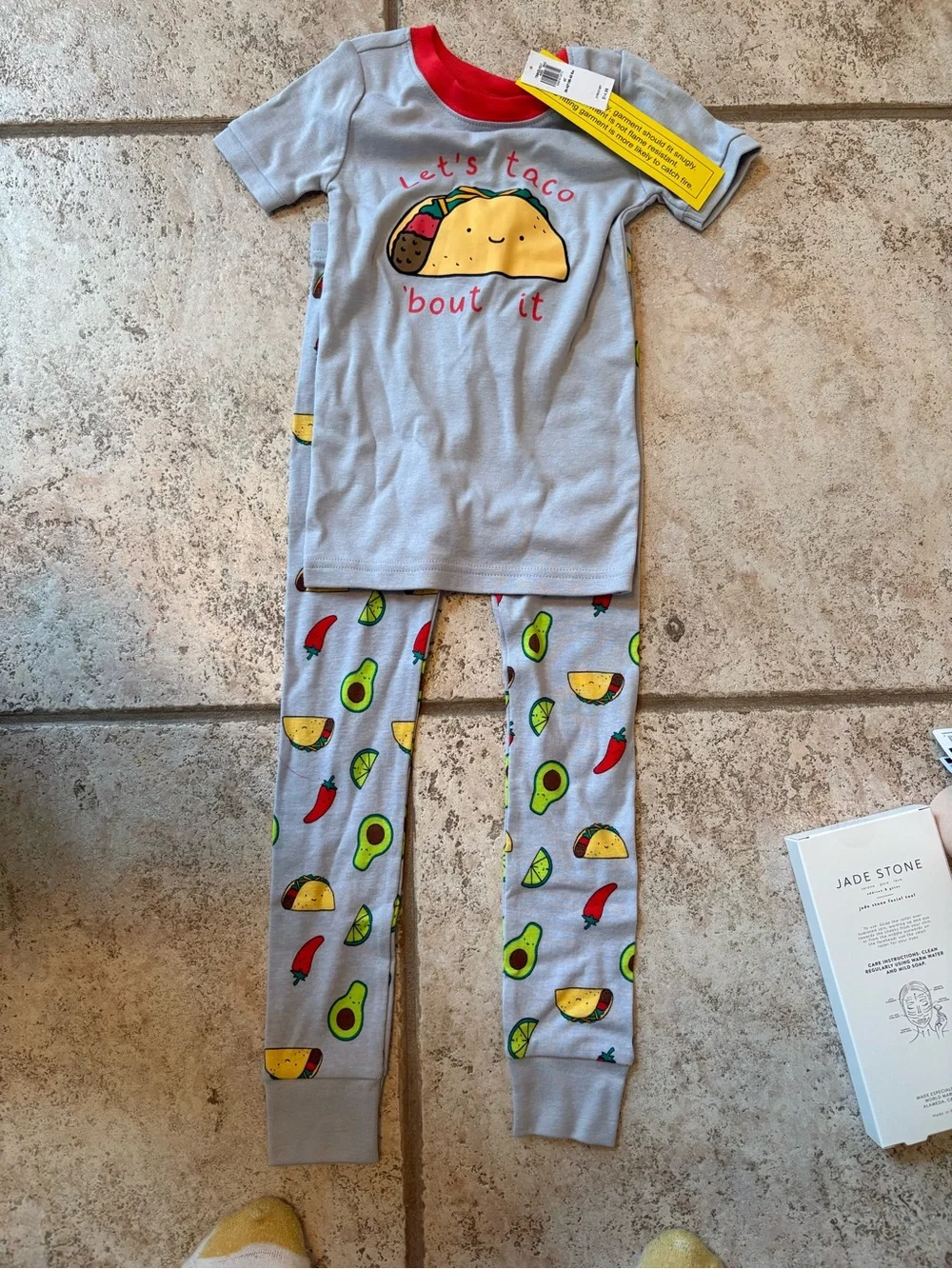 Kids Gray Taco-Print Pajama Set with Red Collar 4t